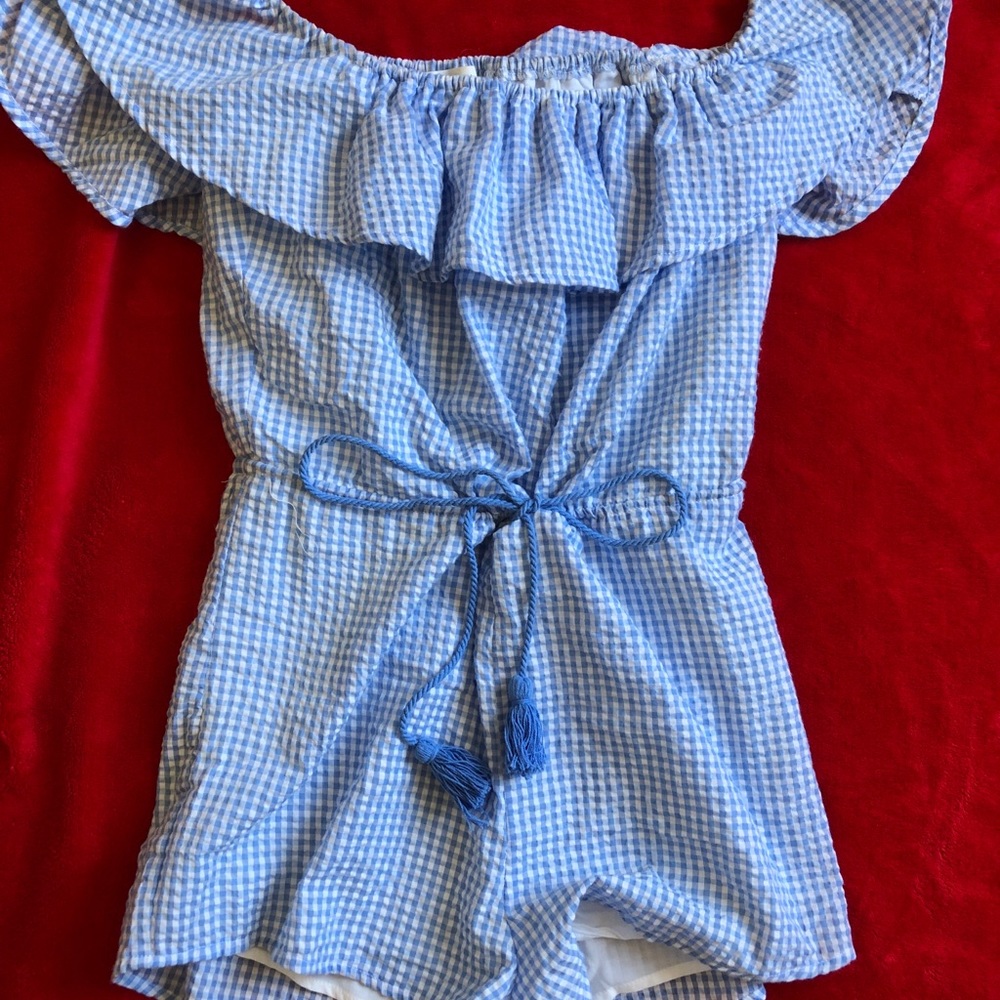 blue and white print off the shoulder romper